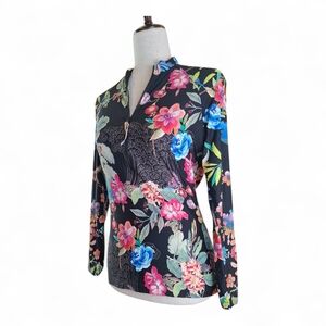 Johnny Was Black Multicolor Floral Surf Shirt Size M